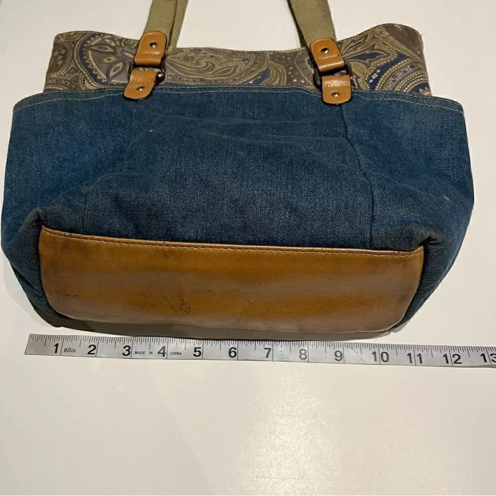 Women's Casual Faux Leather Blue Denim Messenger Bag with Paisley top